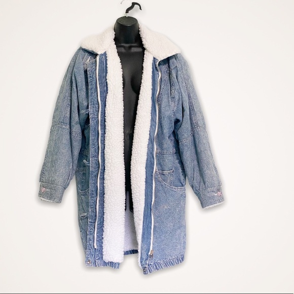 Vintage Jackets & Blazers - Blue Creek Jeans faux sherpa denim coat sz medium